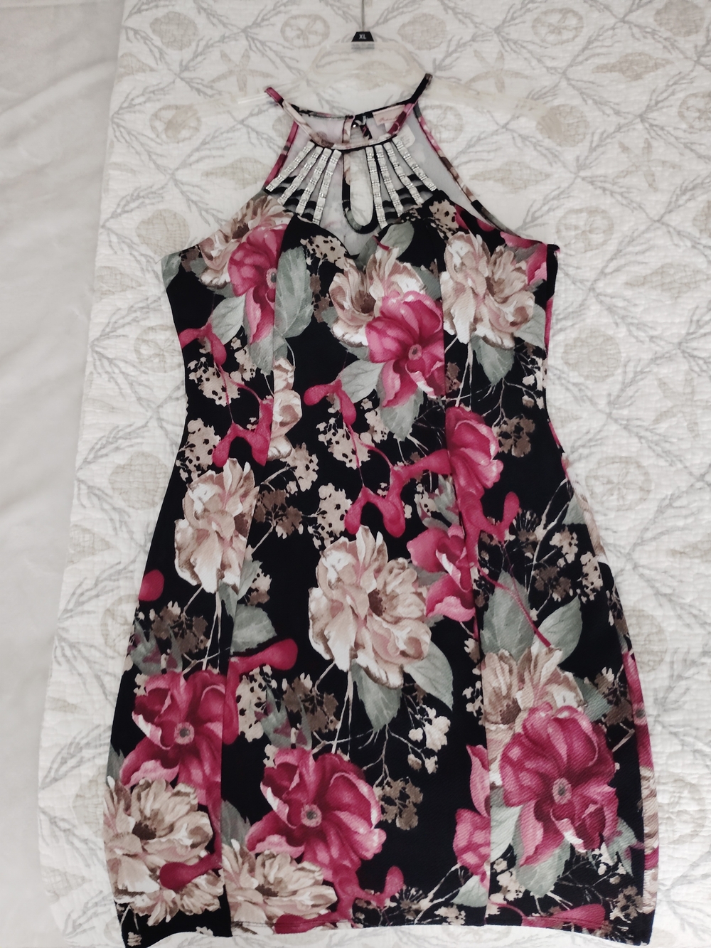 Floral Halter Neck Bodycon Dress - Black with Pink & Cream Flowers